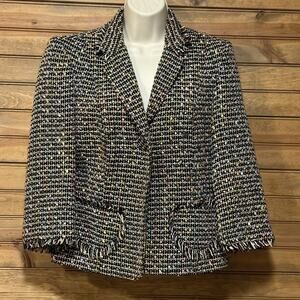 Boho Chic Women’s Tweed Style Collared Lined Short Blazer Fringed Hem Sz 10 USA